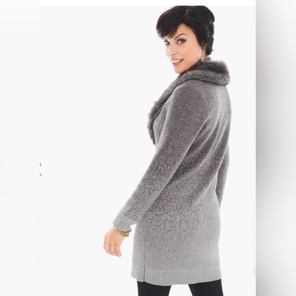 Chico's Faux Fur Collar Gray Silver Metallic Knit Cardigan S - Picture 11 of 11